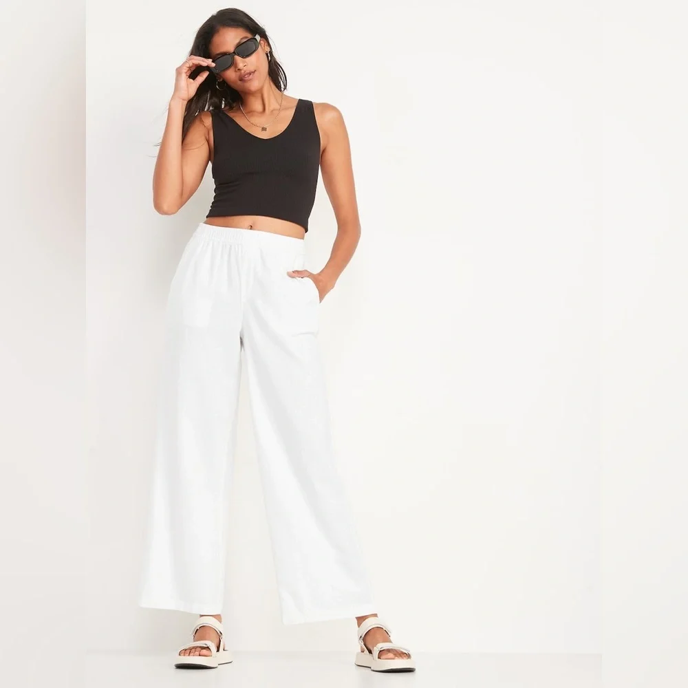 Women’s L old navy high waisted white linen pants elasticized drawstring waist - Picture 1 of 11